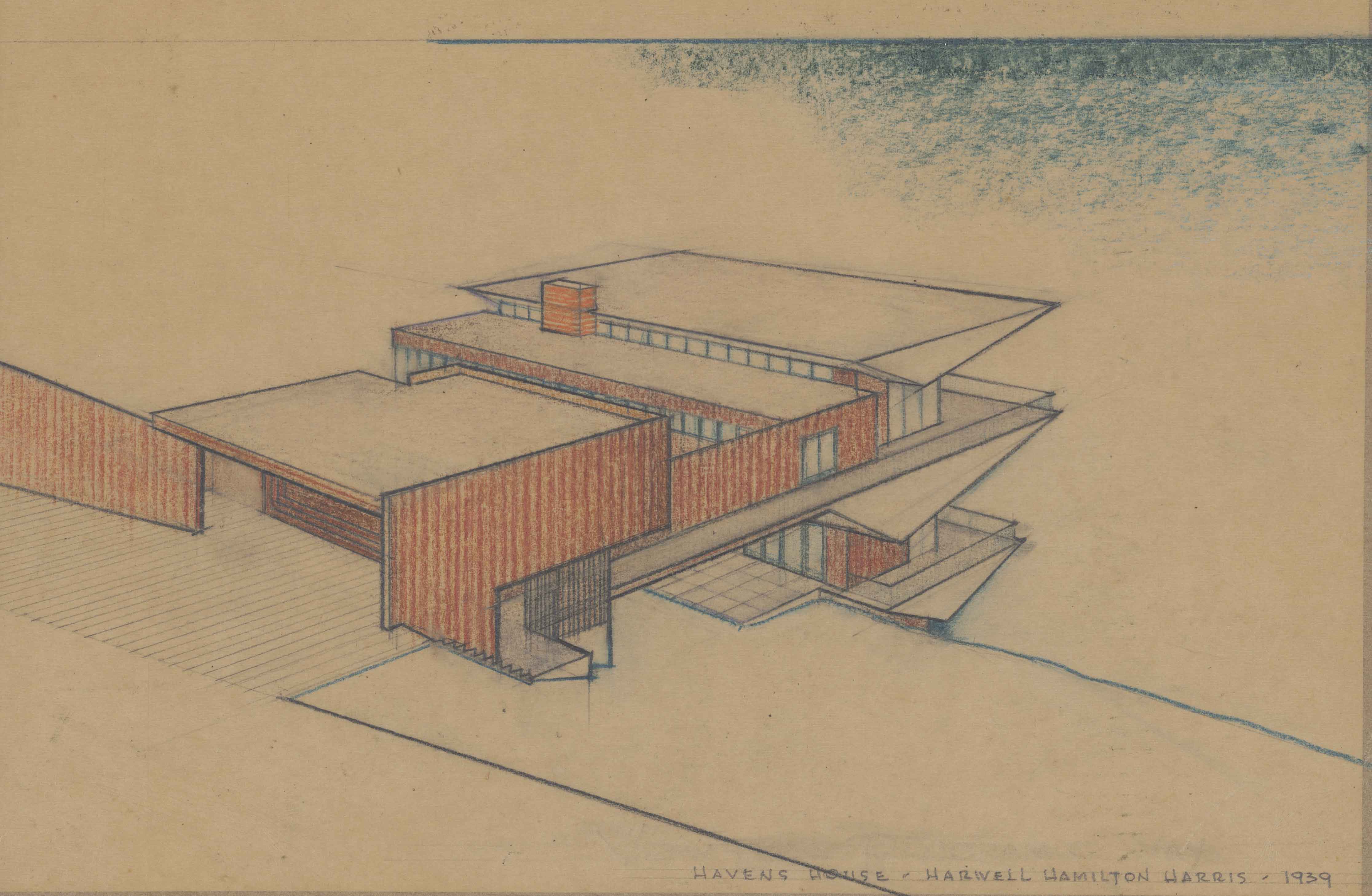 The image is a pencil drawing of the Weston Havens residence in Berkeley, California. It is drawn from a bird's-eye perspective. From the Harwell Hamilton Harris collection.