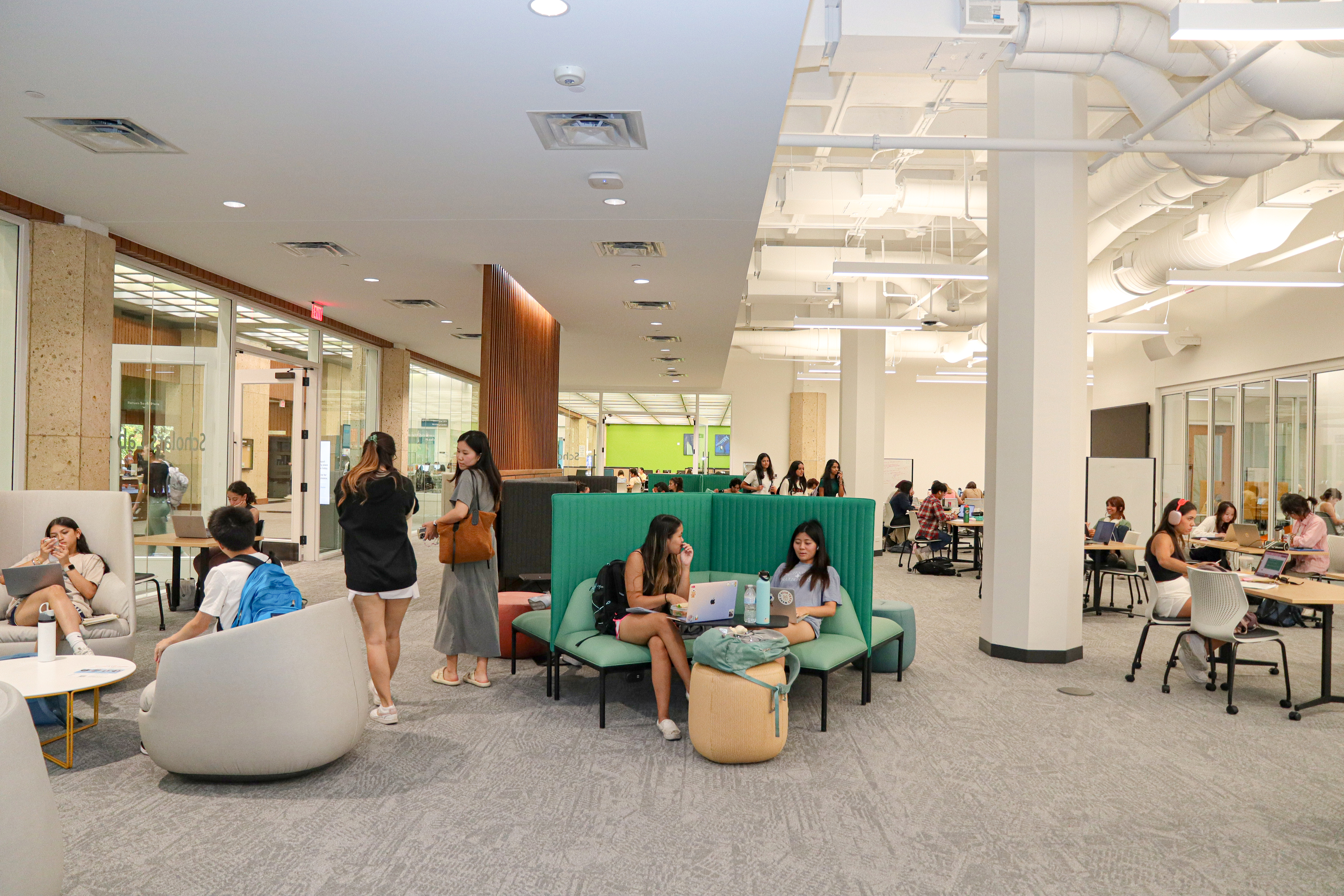 Colorful image of students in various activities in the new Scholars Lab