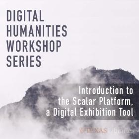 digital humanities workshop series graphic - black and white image of fog-shrouded mountain - with event title overlayed