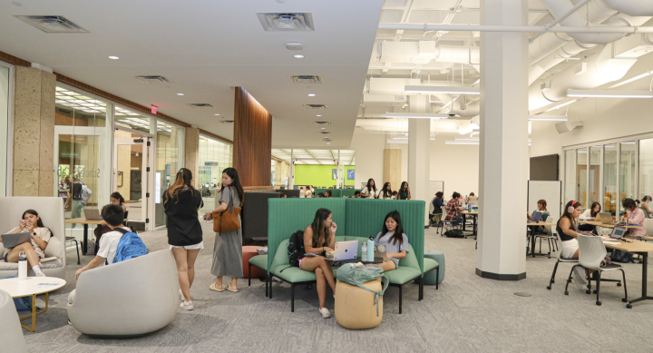 The lobby of the Scholar's Lab, where students are socializing and studying both together and alone.